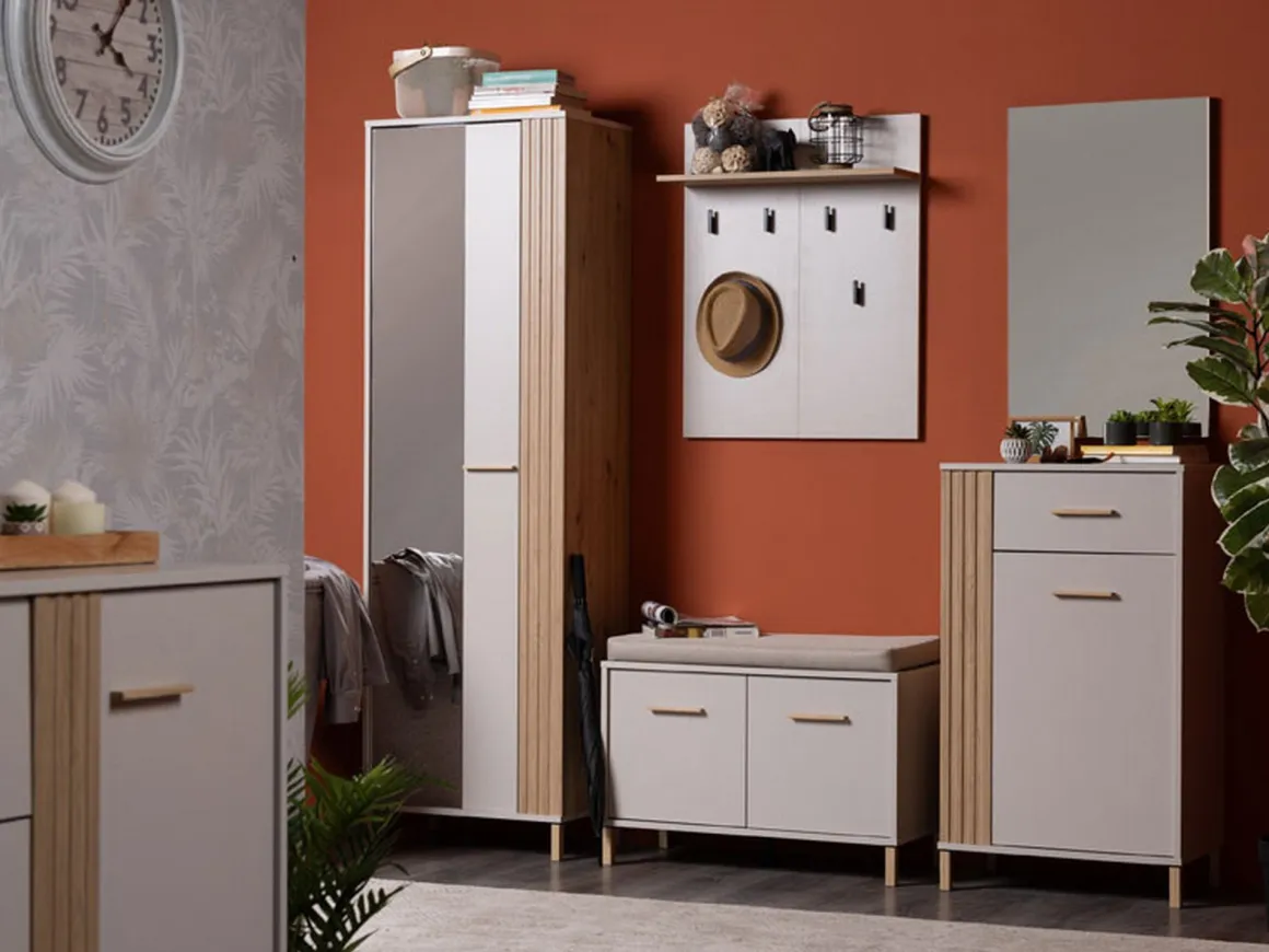 Appendiabiti Beige Marrone Rovere set Fissaggio a Muro Incluso 6 Ganci 83h cm, Installazione a Muro - Igliano