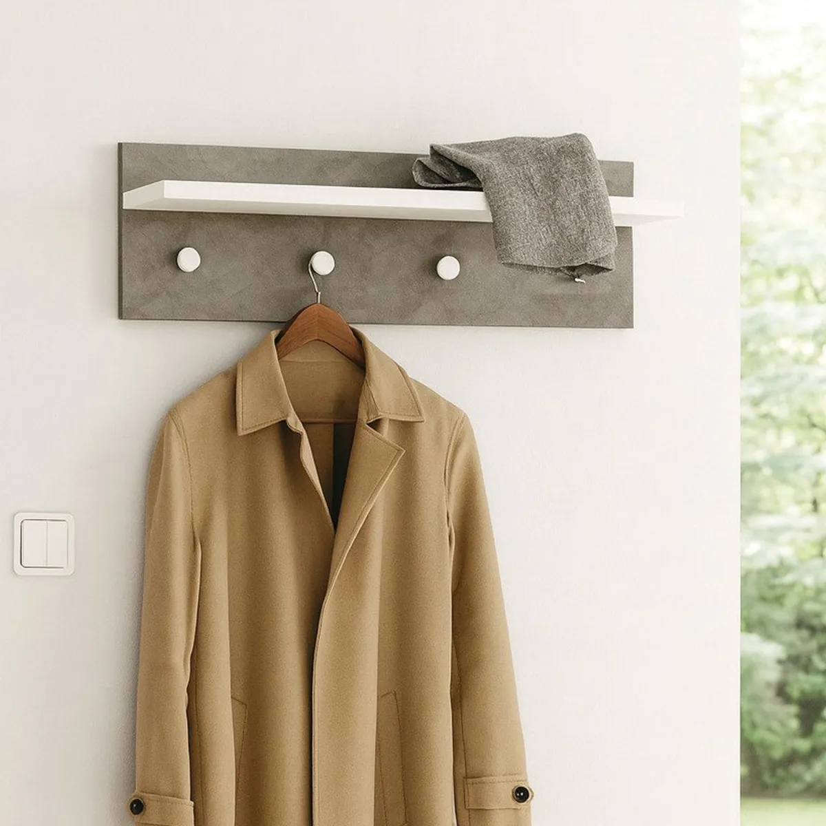 Attaccapanni > Dmora Appendiabiti Bianco Grigio Cemento 4 Ganci Installazione a Muro, Colore Struttura Grigio - Mozzo Grigio, Bianco Cemento