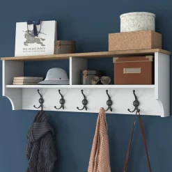 Appendiabiti Bianco Marrone Rovere 5 Ganci Installazione a Muro 37h cm, Colore Struttura Marrone - Magherno