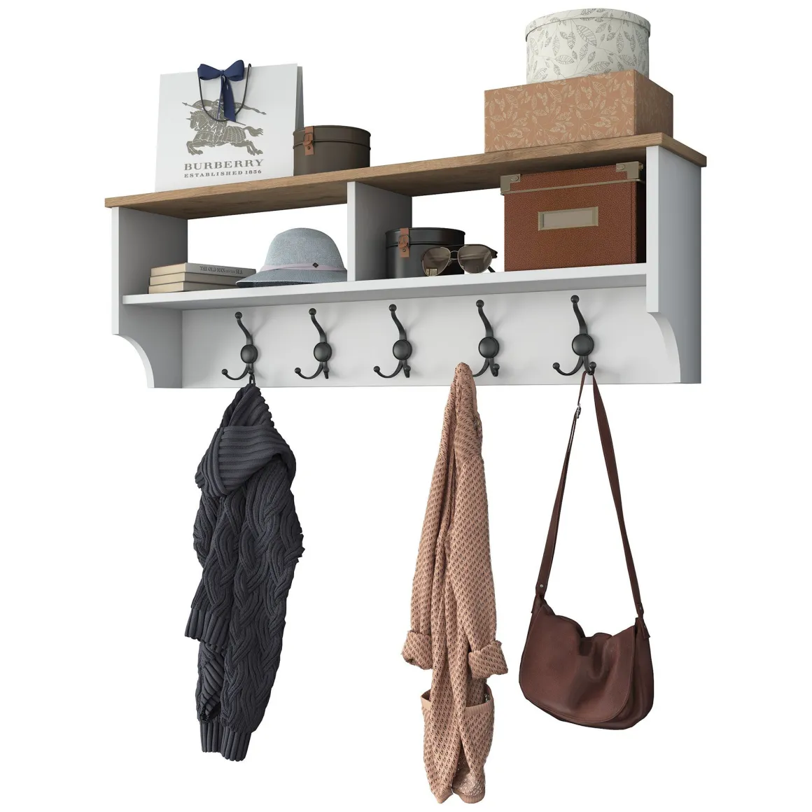 Appendiabiti Bianco Marrone Rovere 5 Ganci Installazione a Muro 37h cm, Colore Struttura Marrone - Magherno