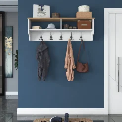 Appendiabiti Bianco Marrone Rovere 5 Ganci Installazione a Muro 37h cm, Colore Struttura Marrone - Magherno