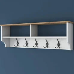 Appendiabiti Bianco Marrone Rovere 5 Ganci Installazione a Muro 37h cm, Colore Struttura Marrone - Magherno