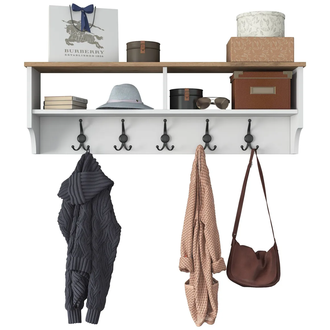 Appendiabiti Bianco Marrone Rovere 5 Ganci Installazione a Muro 37h cm, Colore Struttura Marrone - Magherno