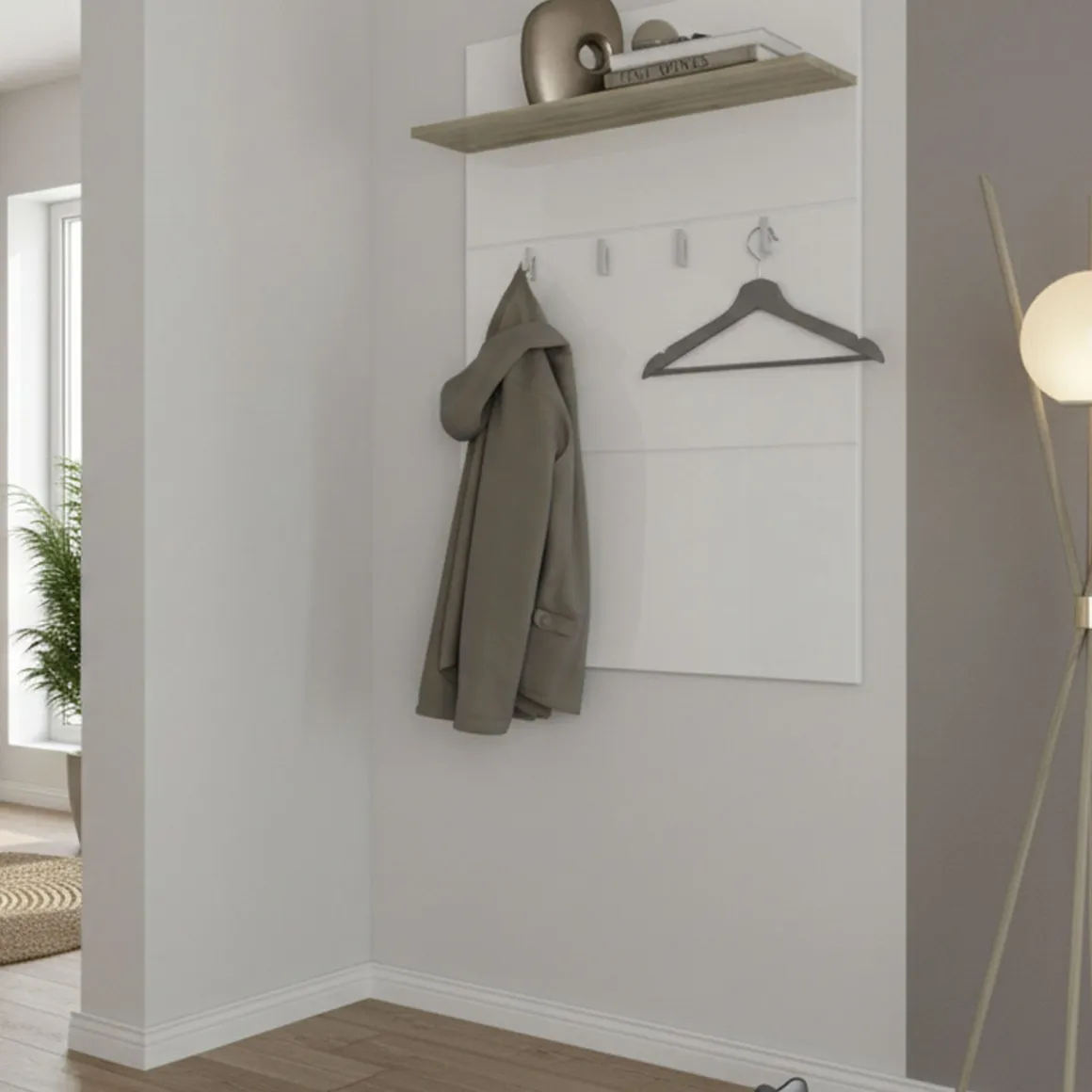 Appendiabiti Bianco Marrone Rovere set Fissaggio a Muro Incluso 4 Ganci 114h cm, Installazione a Muro - Montese