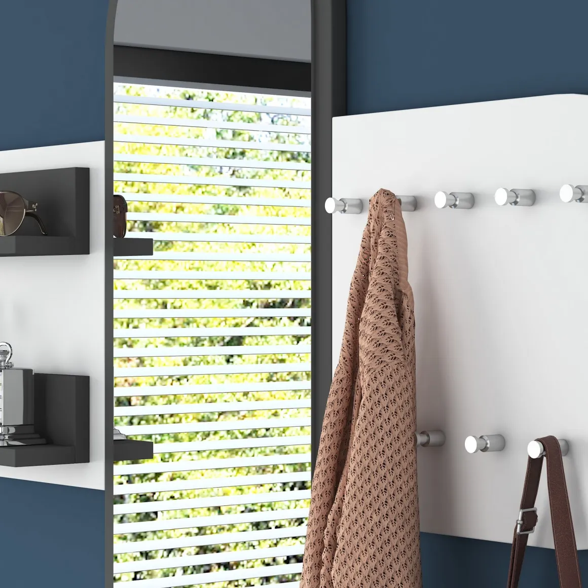 Appendiabiti Bianco Nero Antracite con Specchio 9 Ganci 120h cm, Installazione a Muro - Guardia