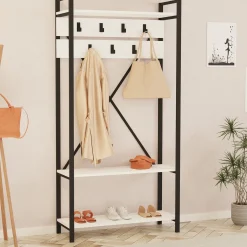 Attaccapanni > Dmora Appendiabiti Bianco Nero 7 Ganci Installazione a Terra 180h cm, Colore Struttura Nero - Celiera Nero, Bianco