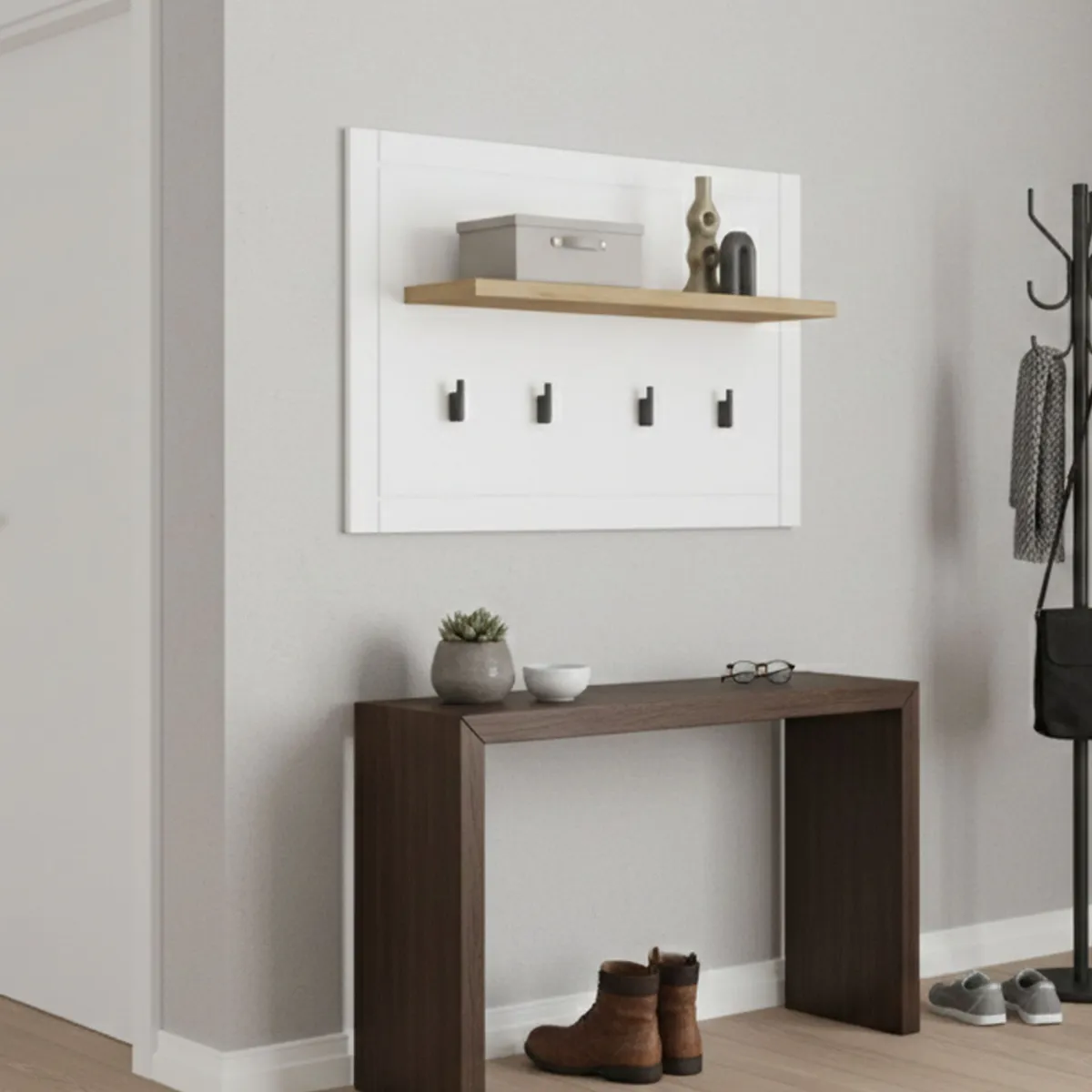 Attaccapanni > Dmora Appendiabiti Bianco Nero Rovere set Fissaggio a Muro Incluso 4 Ganci 57h cm, Installazione a Muro - Mediglia Nero, Bianco Rovere