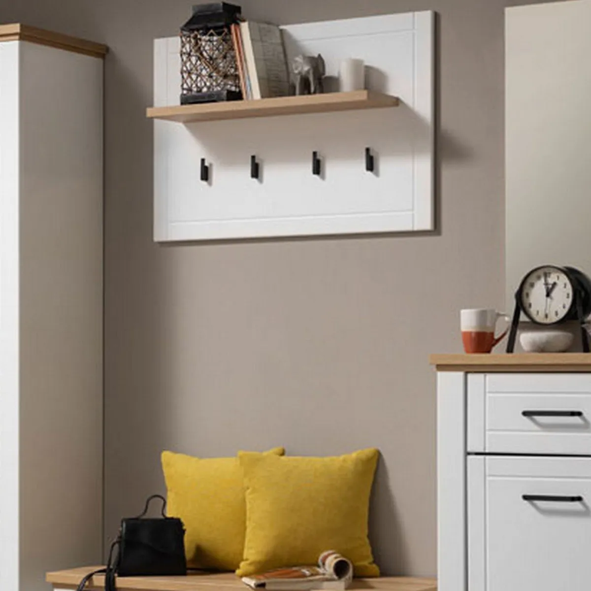 Attaccapanni > Dmora Appendiabiti Bianco Nero Rovere set Fissaggio a Muro Incluso 4 Ganci 57h cm, Installazione a Muro - Mediglia Nero, Bianco Rovere