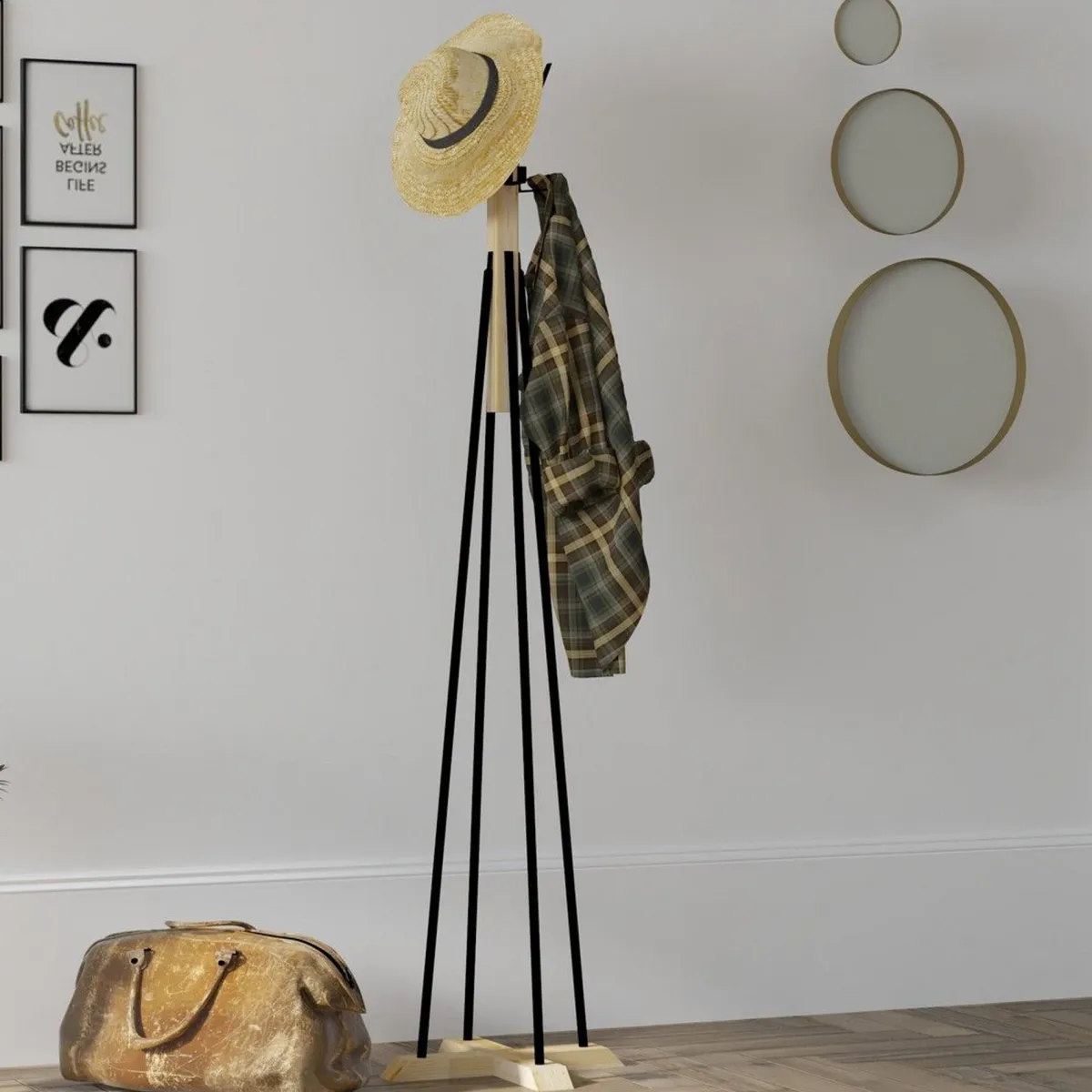 Attaccapanni > Dmora Appendiabiti Nero Marrone Rovere 4 Ganci Installazione a Terra 160h cm, Colore Struttura Marrone - Caravate Marrone, Nero Rovere