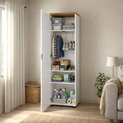 Armadi Multiuso 1 Anta > Dmora Armadio bianco lucido e legno colonna 60x190h cm - Tani Marrone Rovere, Bianco Lucido