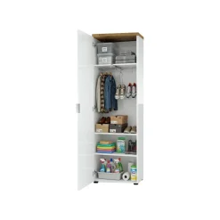 Armadi Multiuso 1 Anta > Dmora Armadio bianco lucido e legno colonna 60x190h cm - Tani Marrone Rovere, Bianco Lucido