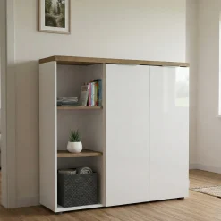 Armadi Multiuso 2 Ante > Dmora Armadio bianco lucido e legno salvaspazio 80x115h cm - Calavena Marrone Rovere, Bianco Lucido