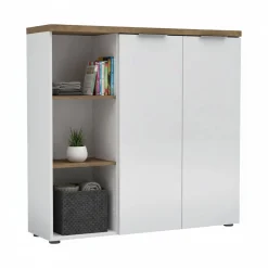 Armadi Multiuso 2 Ante > Dmora Armadio bianco lucido e legno salvaspazio 80x115h cm - Calavena Marrone Rovere, Bianco Lucido