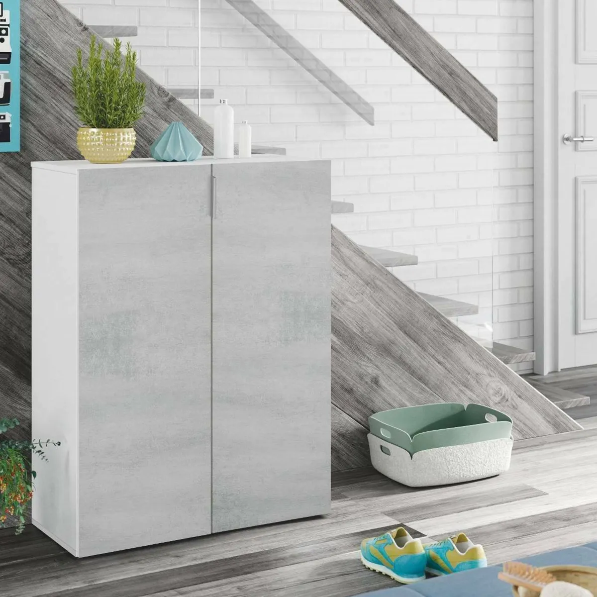 Armadi Multiuso 2 Ante|Bagno > Dmora Armadio cemento e bianco 2 ante 72x103h cm - Athenodora Bianco, Grigio Cemento