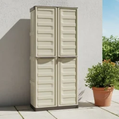 Armadio da Esterno Impermeabile 70x39x165h cm Portascope in Plastica Beige e Marrone con 3 Ripiani Regolabili e Chiusura a Lucchetto – Ipno