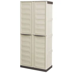 Armadio da Esterno Impermeabile 70x39x165h cm Portascope in Plastica Beige e Marrone con 3 Ripiani Regolabili e Chiusura a Lucchetto – Ipno