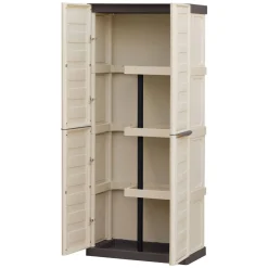 Armadio da Esterno Impermeabile 70x39x165h cm Portascope in Plastica Beige e Marrone con 3 Ripiani Regolabili e Chiusura a Lucchetto – Ipno