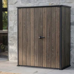 Armadi Da Esterno > Dmora Armadio da Esterno Marrone Noce Nero Cassetti 2 Ripiani 140x74x170h cm, Apertura Battente - Langdon Nero, Marrone Noce