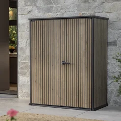 Armadio da Esterno Marrone Quercia Nero Cassetti 2 Ripiani 140x74x170h cm, Apertura Battente - Langdon