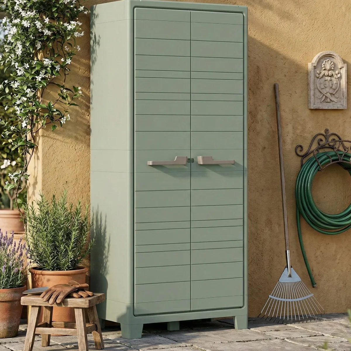 Armadi Da Esterno > Dmora Armadio giardino 2 ante grigio e verde 80x182h cm - Quesnel Verde, Grigio
