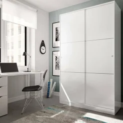 Armadio Guardaroba 2 Ante Scorrevoli 120x50x200h cm Bianco lucido Salvaspazio in Legno con Appendiabiti e 4 Ripiani Regolabili – Adrenalin