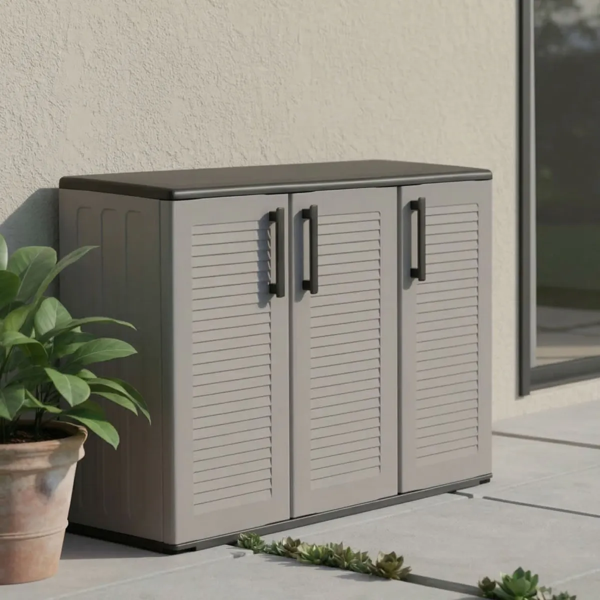Armadi Da Esterno|Outdoor > Dmora Armadio in plastica minimal 3 ante grigio e nero 102x84h cm - Aranka Nero, Grigio