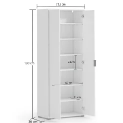 Armadio Multiuso 2 Ante Bianco Lucido Cassetti 6 Ripiani 72.5x180h cm, 2 Ante - Angitola