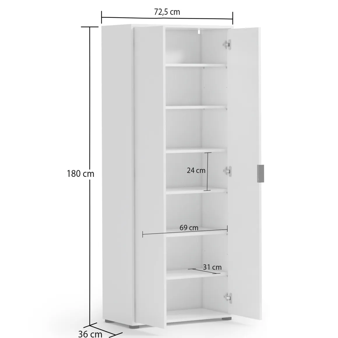 Armadio Multiuso 2 Ante Bianco Lucido Cassetti 6 Ripiani 72.5x180h cm, 2 Ante - Angitola