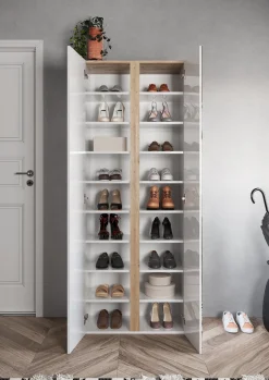 Armadio Multiuso 2 Ante Bianco Lucido Trasparente 8 Ripiani Cassetti 70x185h cm, 9 Vani - Gradoli