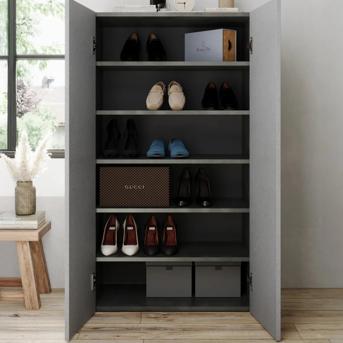 Armadio Multiuso 2 Ante Grigio Cemento 5 Ripiani Apertura Manuale 63x114h cm, 2 Ante - Floro