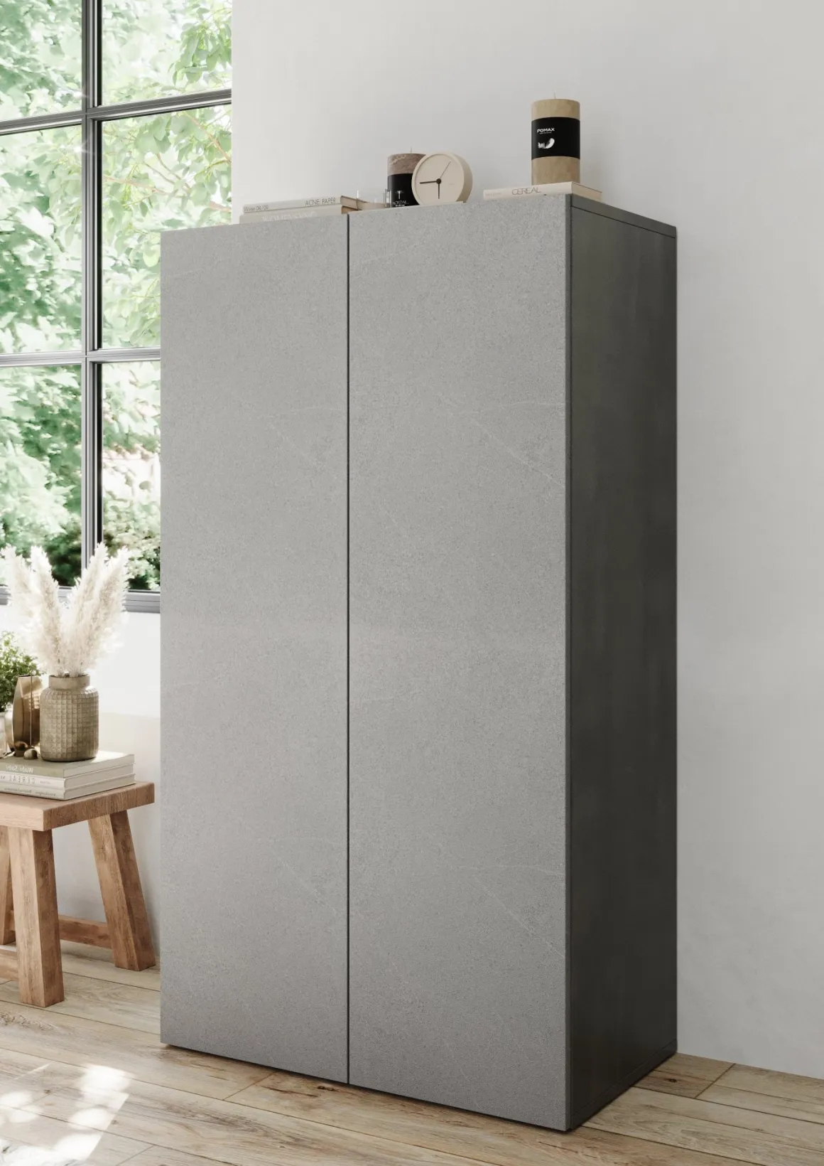 Armadio Multiuso 2 Ante Grigio Cemento 5 Ripiani Apertura Manuale 63x114h cm, 2 Ante - Floro