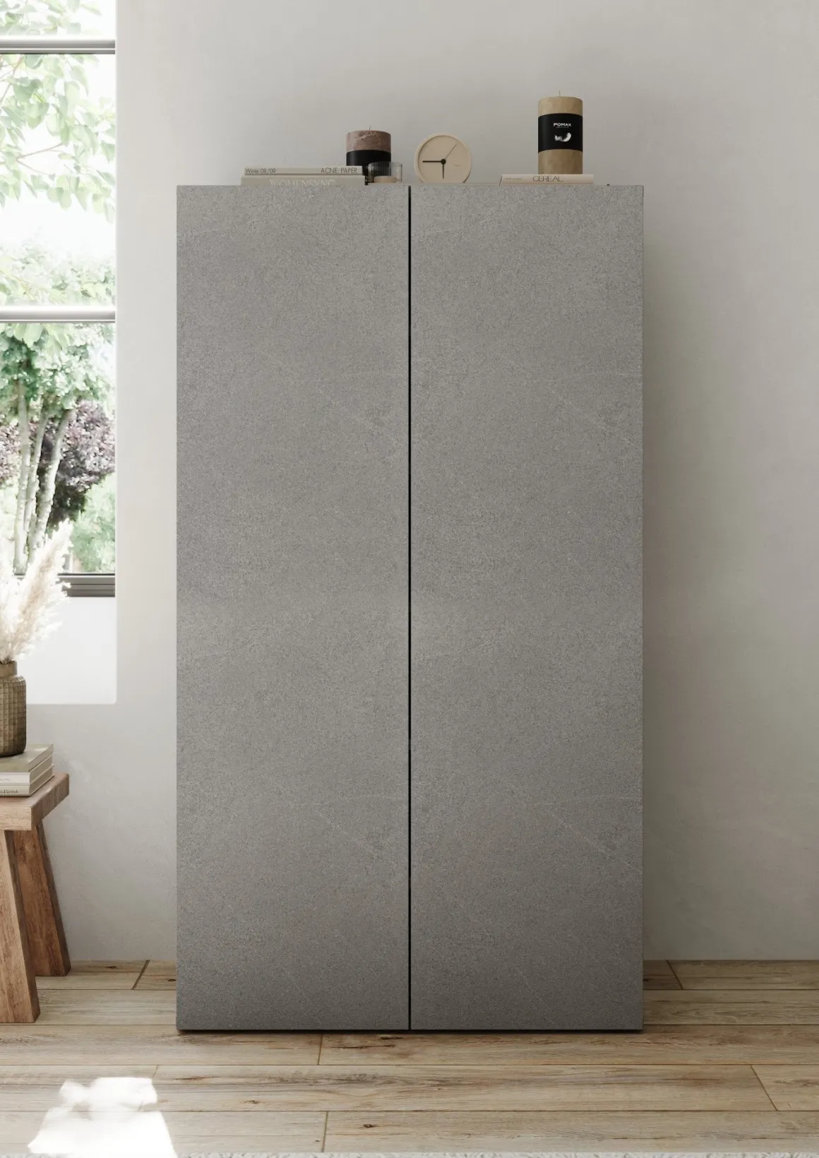 Armadio Multiuso 2 Ante Grigio Cemento 5 Ripiani Apertura Manuale 63x114h cm, 2 Ante - Floro