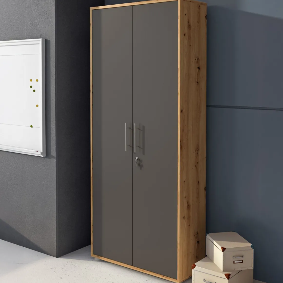Armadio Multiuso 2 Ante Marrone Rovere Nero Antracite Cassetti 4 Ripiani 79x188h cm, 2 Ante - Saponara