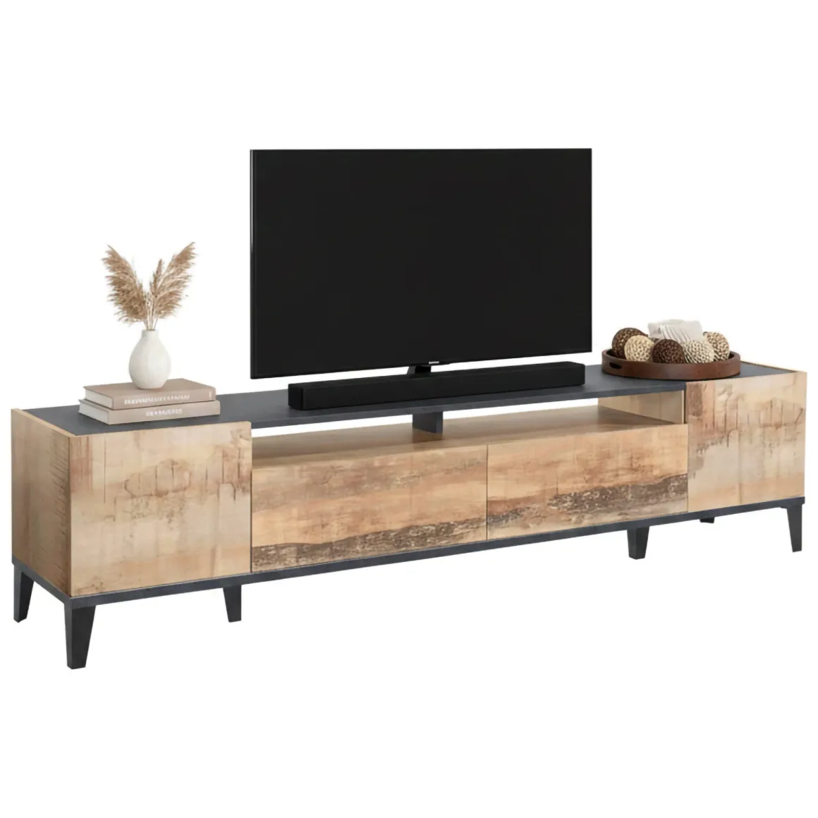 Salotto > Dmora Base TV acero e ardesia 200x43x46h cm 2 ante e 2 cassetti - Arghi Grigio Ardesia, Marrone Acero