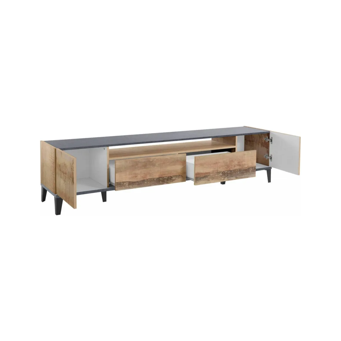 Salotto > Dmora Base TV acero e ardesia 200x43x46h cm 2 ante e 2 cassetti - Arghi Grigio Ardesia, Marrone Acero