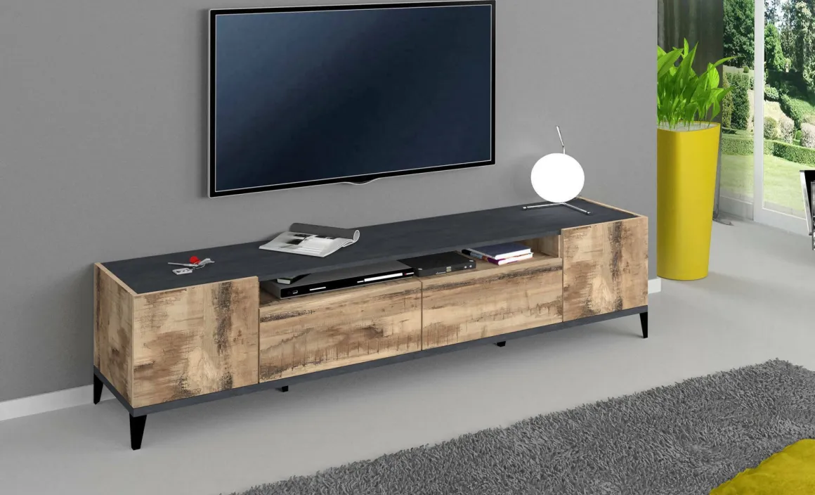 Salotto > Dmora Base TV acero e ardesia 200x43x46h cm 2 ante e 2 cassetti - Arghi Grigio Ardesia, Marrone Acero