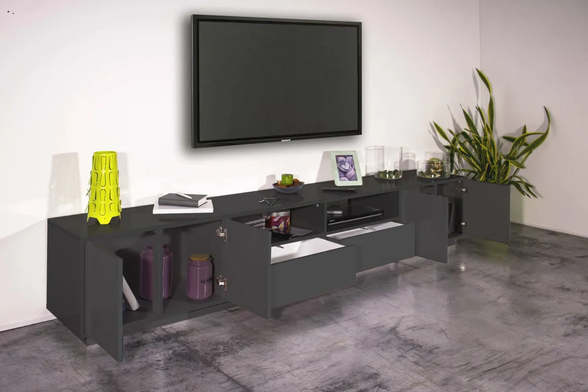 Base TV antracite lucido 260x41x46h cm 4 ante e 2 cassetti - Albak