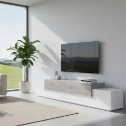 Base TV bianco lucido,cemento 240x45x52h cm 3 ante - Tiche