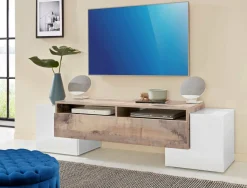 Base TV bianco lucido e acero 170x45x45h cm 3 ante - Abele