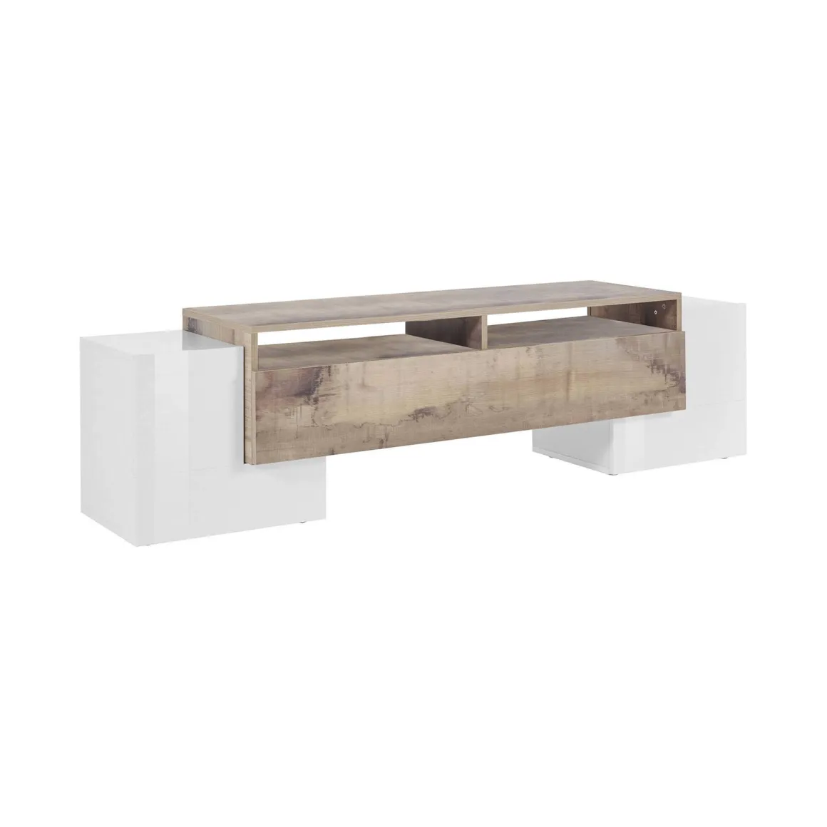 Base TV bianco lucido e acero 170x45x45h cm 3 ante - Abele