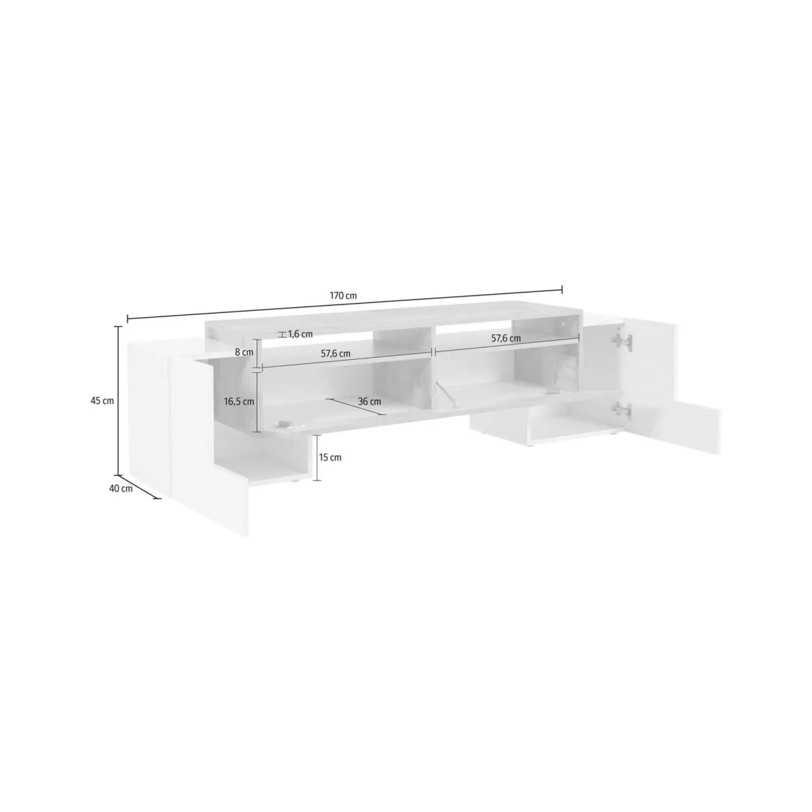 Base TV bianco lucido e acero 170x45x45h cm 3 ante - Abele
