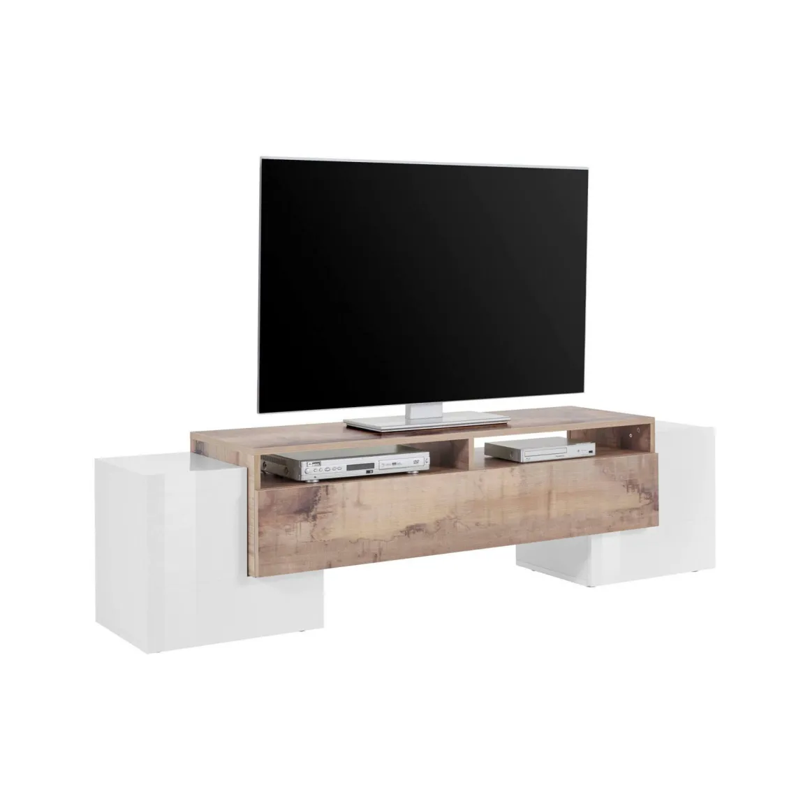 Base TV bianco lucido e acero 170x45x45h cm 3 ante - Abele