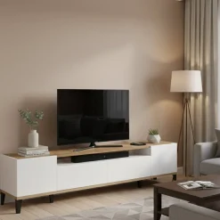 Base TV bianco lucido e acero 200x40x47h cm 2 ante e 2 cassetti - Abina