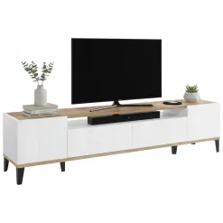 Base TV bianco lucido e acero 200x40x47h cm 2 ante e 2 cassetti - Abina