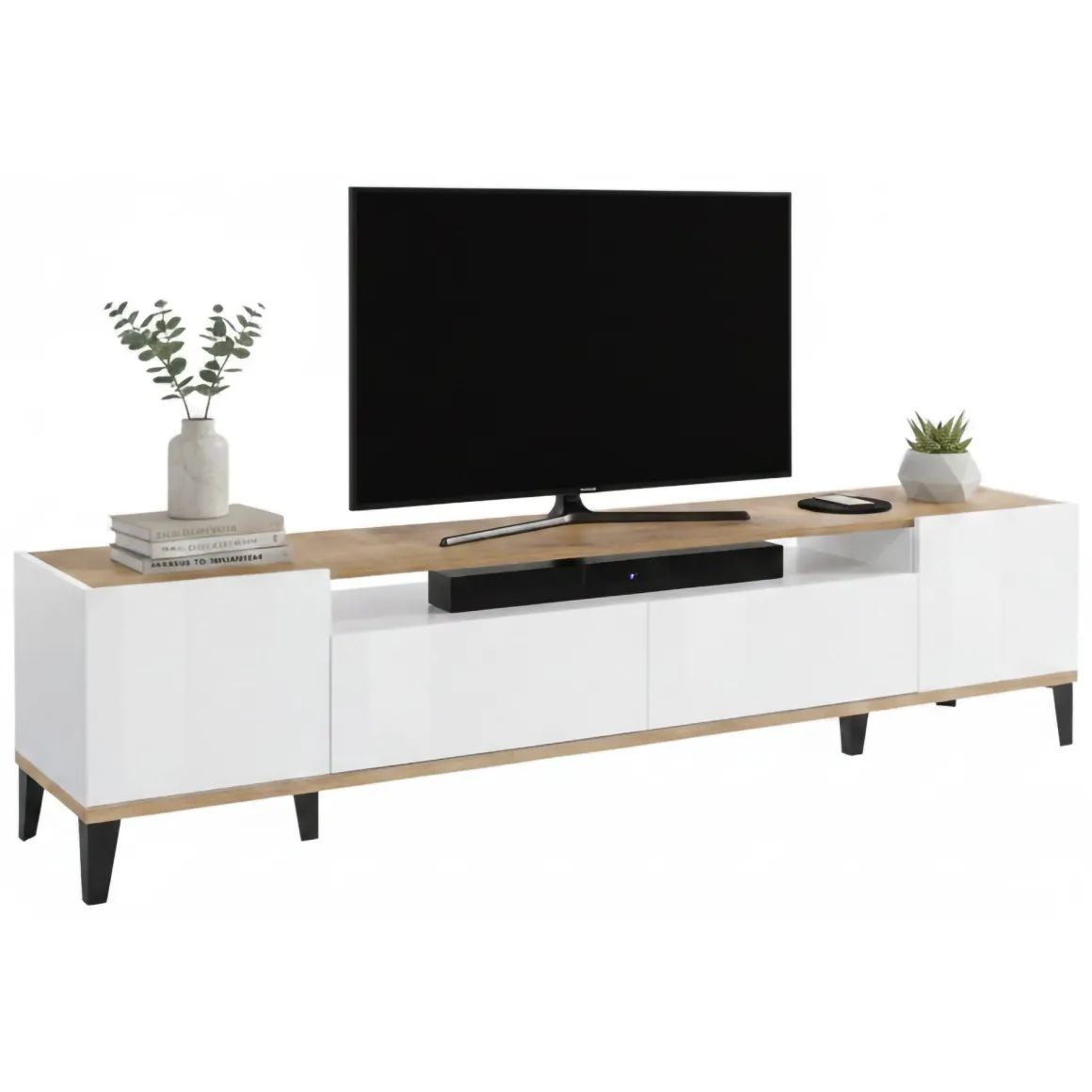 Salotto > Dmora Base TV bianco lucido e acero 200x40x49h cm 2 ante - Febe Marrone Acero, Bianco Lucido