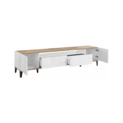 Salotto > Dmora Base TV bianco lucido e acero 200x40x49h cm 2 ante - Febe Marrone Acero, Bianco Lucido