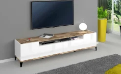 Salotto > Dmora Base TV bianco lucido e acero 200x40x49h cm 2 ante - Febe Marrone Acero, Bianco Lucido
