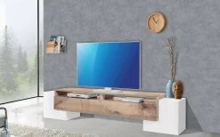 Base TV bianco lucido e acero 210x45x45h cm 3 ante - Amis