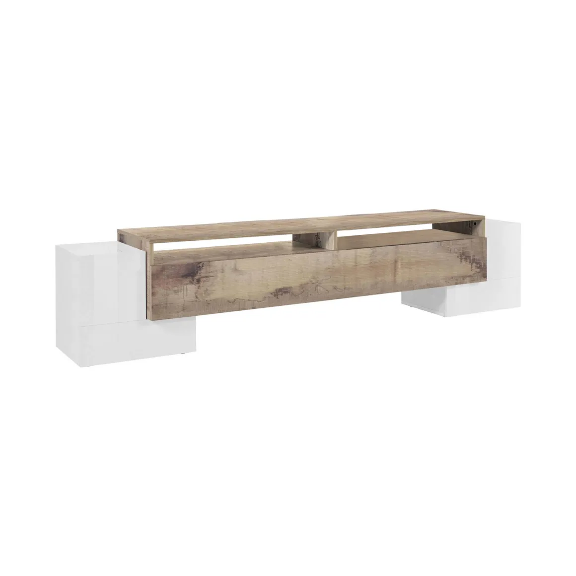Base TV bianco lucido e acero 210x45x45h cm 3 ante - Amis