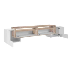 Base TV bianco lucido e acero 210x45x45h cm 3 ante - Amis